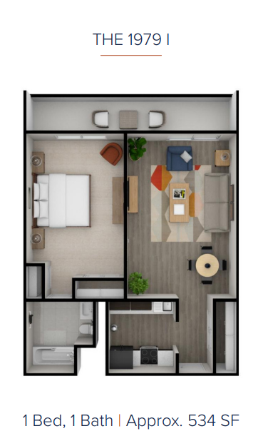 Floor plan for 1 bed, 1 bath, 534 sqft